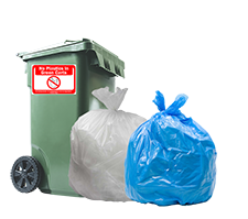 green bin, blue bag and clear bag